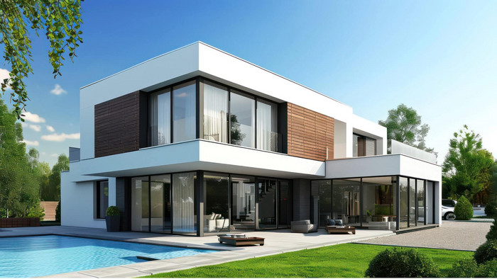 Modernes Einfamilienhaus mit großen Glasfenstern und minimalistischem Design, umgeben von gepflegtem Garten und einem Swimmingpool.